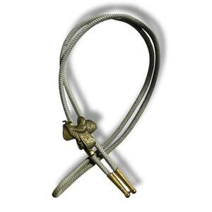 Vtg Bolo Tie Horse Saddle Metal Ends Nylon Cord Necklace Western Rodeo Cowboy